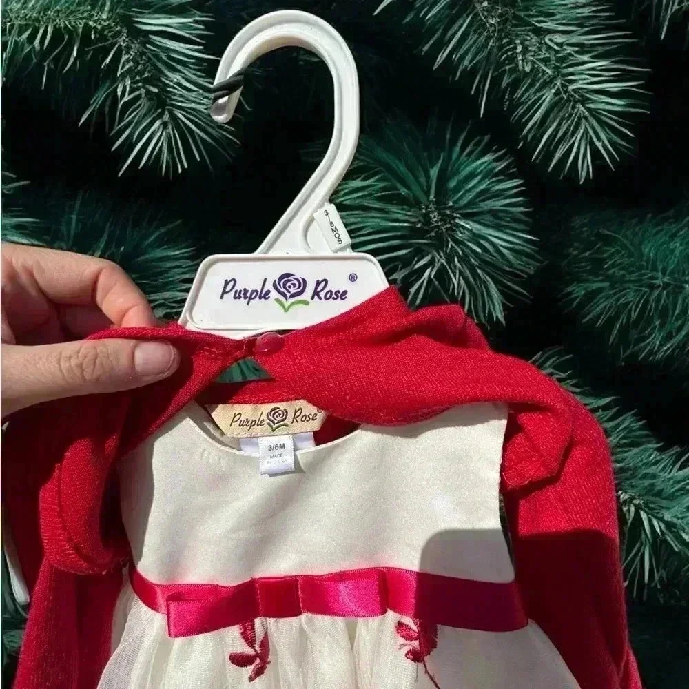 3-6mo Embroidered Christmas white and red Purple&Rose dress. Dsct w bundle.